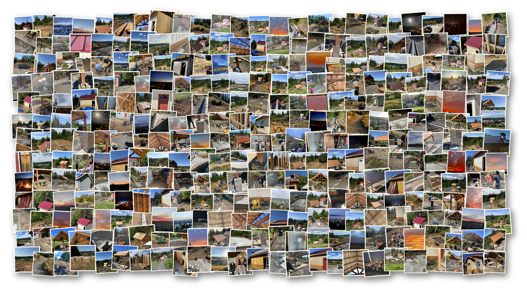 A mosaic of 325 photos from the DCSS Chateau build, every section except Misc, as tilted framed prints.